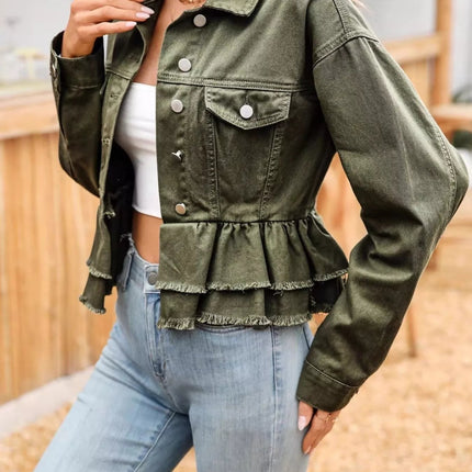 Ruffle Raw Hem Denim Jacket
