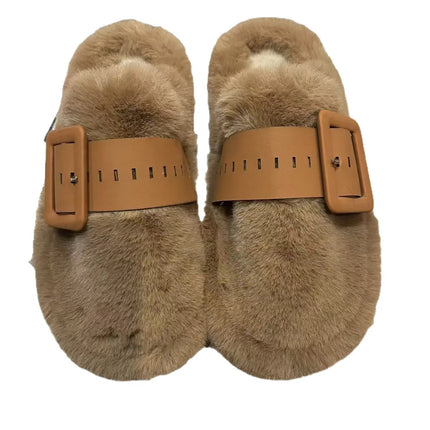 Faux Fur Buckle Slippers
