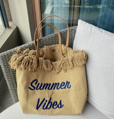 Large capacity canvas tote bag with embroidered letters, handbag for