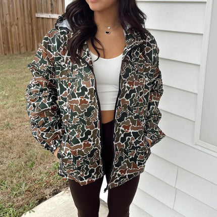 Women's Camouflage Print Long Sleeve Hooded Jacket With Zipper &
