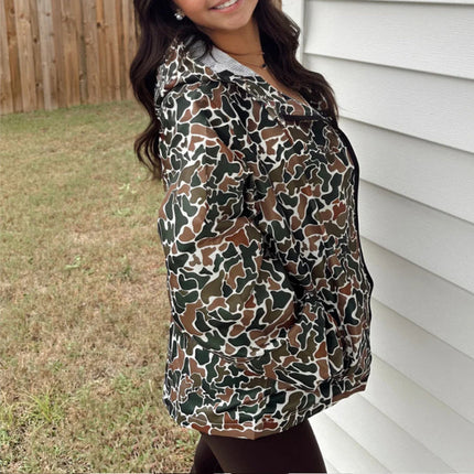 Women's Camouflage Print Long Sleeve Hooded Jacket With Zipper &