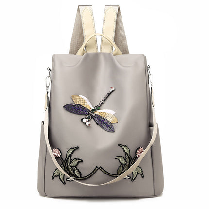 Oxford Cloth Embroidered Dragonfly Pattern Travel Backpack