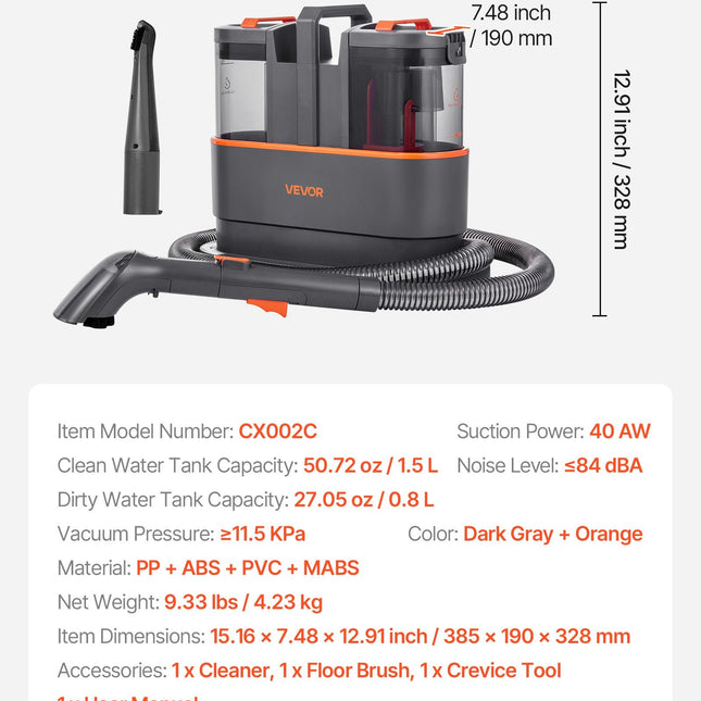Portable Carpet Cleaner Machine Dual-Water Tank 11.5Kpa Upholstery