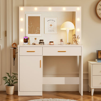Mirror And Lights, Makeup Vanity Table With Charging Station , 2