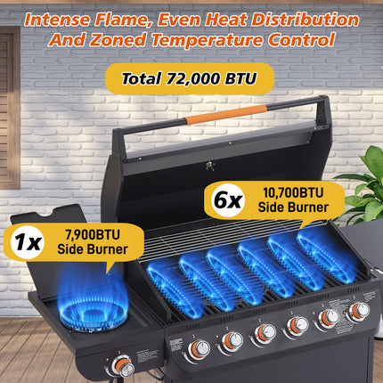 6 Burner BBQ Propane Gas Grill With Side Burner 72000 BTU Output