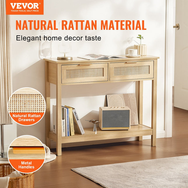 Rattan Console Table With 2 Storage Drawers, Rattan Entryway Table