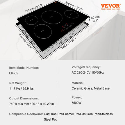 Electric Cooktop, 4 Burners, 30 Induction Stove Top, Built-in Magnetic