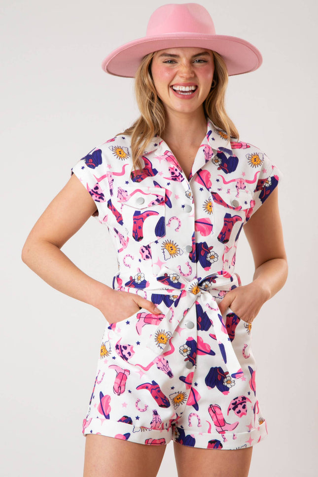 All Over Boots Print Romper | Western Cowgirl Apparel [Sizes SM-L]