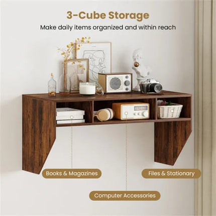 Rustic Brown Wall-Mounted Floating Computer Desk With 3-Cube Storage,