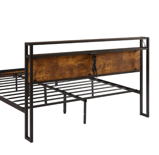 Queen Size Metal Platform Bed Frame With Wooden Headboard And