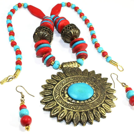 Flower Medallion Boho Necklace & Earrings Set