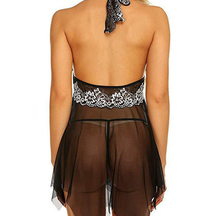 Women’s Sexy Lace Babydoll Lingerie – Sheer Mesh Halter Nightwear