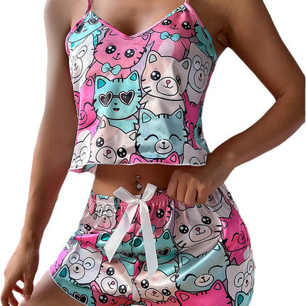 Cute Cartoon Print Satin Sleepwear Set – Women’s Spaghetti Strap Cami