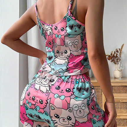 Cute Cartoon Print Satin Sleepwear Set – Women’s Spaghetti Strap Cami