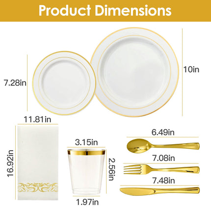 Set Of 175Pcs Disposable Gold Dinnerware Set Gold Rim Plastic Plates