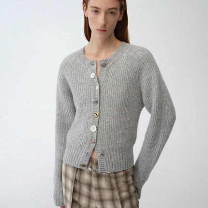 "Hokkaido Weaving Love" wool blend crew neck cardigan top