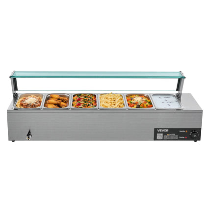 Commercial Food Warmer 6 X 1/3 Size Pans Buffet Bain Marie With Glass