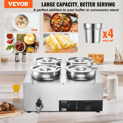Electric Soup Warmer, Four 7.4QT Stainless Steel Round Pot 86~185°F