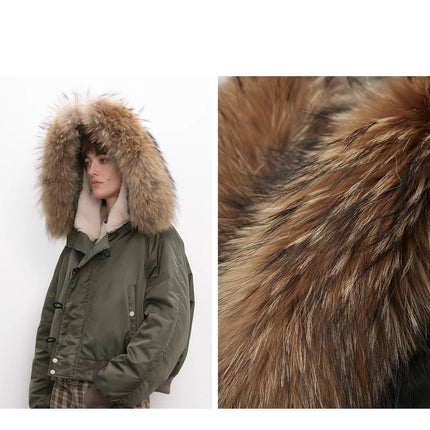 Fireladyfur Warm Short Style Jacket with a Large fur Hood and Raccoon