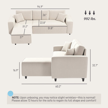 Corner Sofa With Reversible Chaise Lounge, Corduroy L-Shaped Sectional