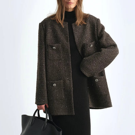 Circle Texture Sequined Wool Tweed Round Neck Long Chanel Style Coat