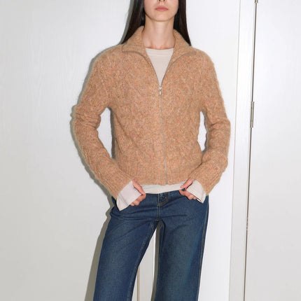 Vintage warm flower pattern basic top mohair wool cable blend zipper