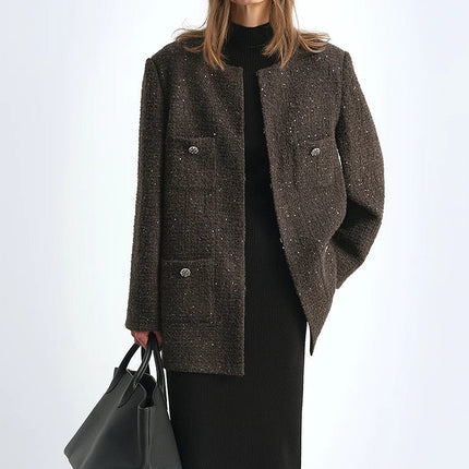 Circle Texture Sequined Wool Tweed Round Neck Long Chanel Style Coat