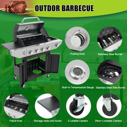 Propane Four-burner Stainless Steel Gas Grill With Side Burners,