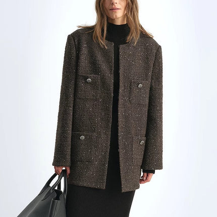 Circle Texture Sequined Wool Tweed Round Neck Long Chanel Style Coat