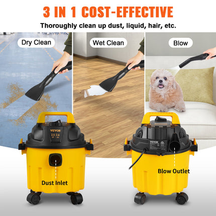 VEVOR Wet Dry Vac, 2.6 Gallon, 2.5 Peak HP, 3 In 1 Shop Vacuum With