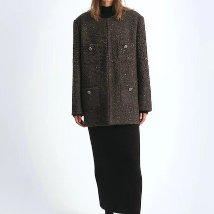 Circle Texture Sequined Wool Tweed Round Neck Long Chanel Style Coat