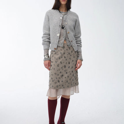 "Hokkaido Weaving Love" wool blend crew neck cardigan top
