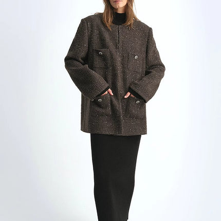 Circle Texture Sequined Wool Tweed Round Neck Long Chanel Style Coat