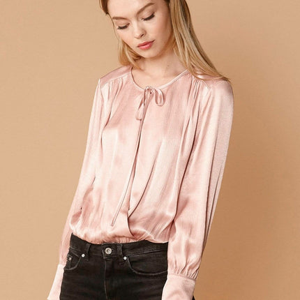 Tie-Neck Long Sleeve Bodysuit in Fall Pink