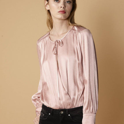 Tie-Neck Long Sleeve Bodysuit in Fall Pink