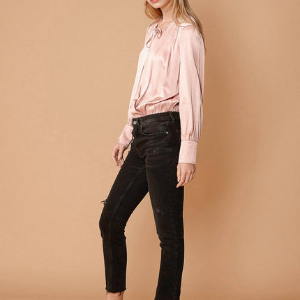 Tie-Neck Long Sleeve Bodysuit in Fall Pink