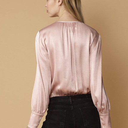 Tie-Neck Long Sleeve Bodysuit in Fall Pink