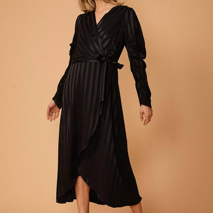 Women's Puffy Shoulder Dress in Black Stripe