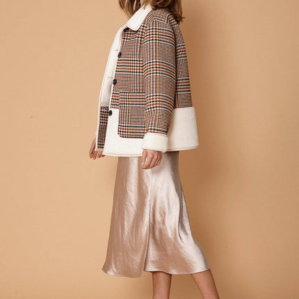 Women's Plaid Fur Jacket in Rust Houndstooth