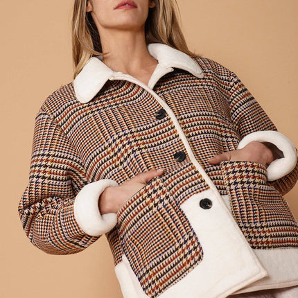 Women's Plaid Fur Jacket in Rust Houndstooth