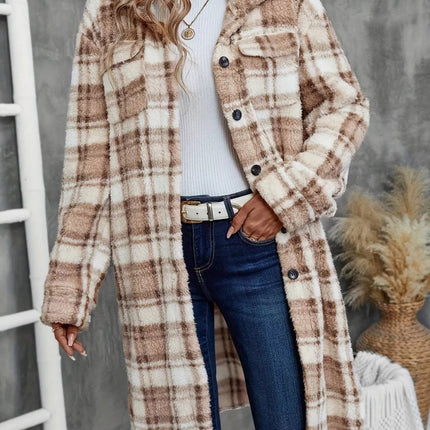 Plaid Fleece Button Up Longline Outerwear