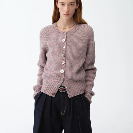 "Hokkaido Weaving Love" wool blend crew neck cardigan top