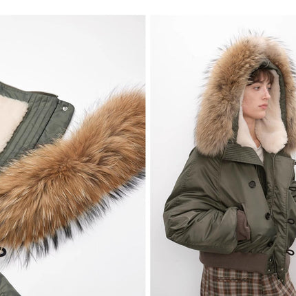 Fireladyfur Warm Short Style Jacket with a Large fur Hood and Raccoon