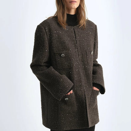 Circle Texture Sequined Wool Tweed Round Neck Long Chanel Style Coat