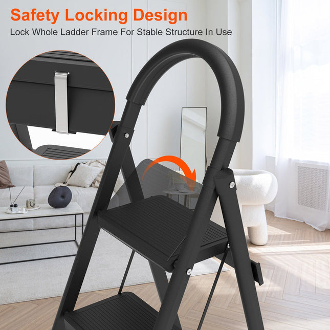 1Pc 3Step Foldable Ladder With Wide Anti-Slip Pedal Safety Locking