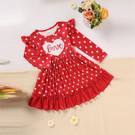 Toddler Girl's Cute 'LOVE' Embroidered Dress, Heart Print Long Sleeve