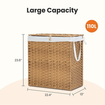 Laundry Basket With Lid, 110 L Hand-Woven Pp Rattan Laundry Basket