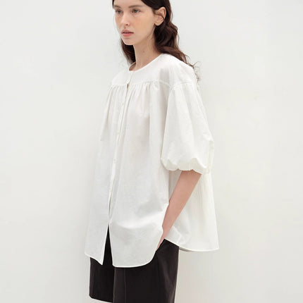 "Romantic Line Drawing" Pure Cotton Slightly Wrinkled Puff Sleeve