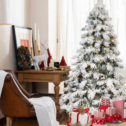 5FT 6FT 7FT 8FT Prelit Flocked Christmas Tree With Light, Snowy Pine