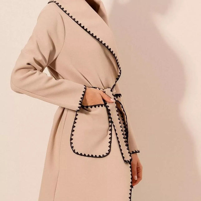 Contrast Trim Tie Waist Outerwear
